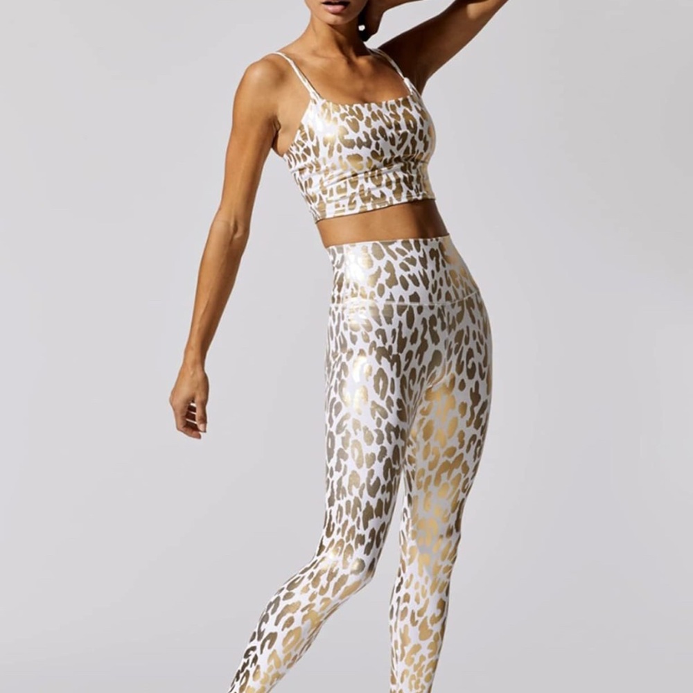NWOT Carbon38 Metallic Gold Leopard crop tank & legging Set SMALL